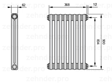 Схема (чертеж) Радиатор Zehnder Charleston 2090/8 №7610 Белый глянцевый RAL 9016